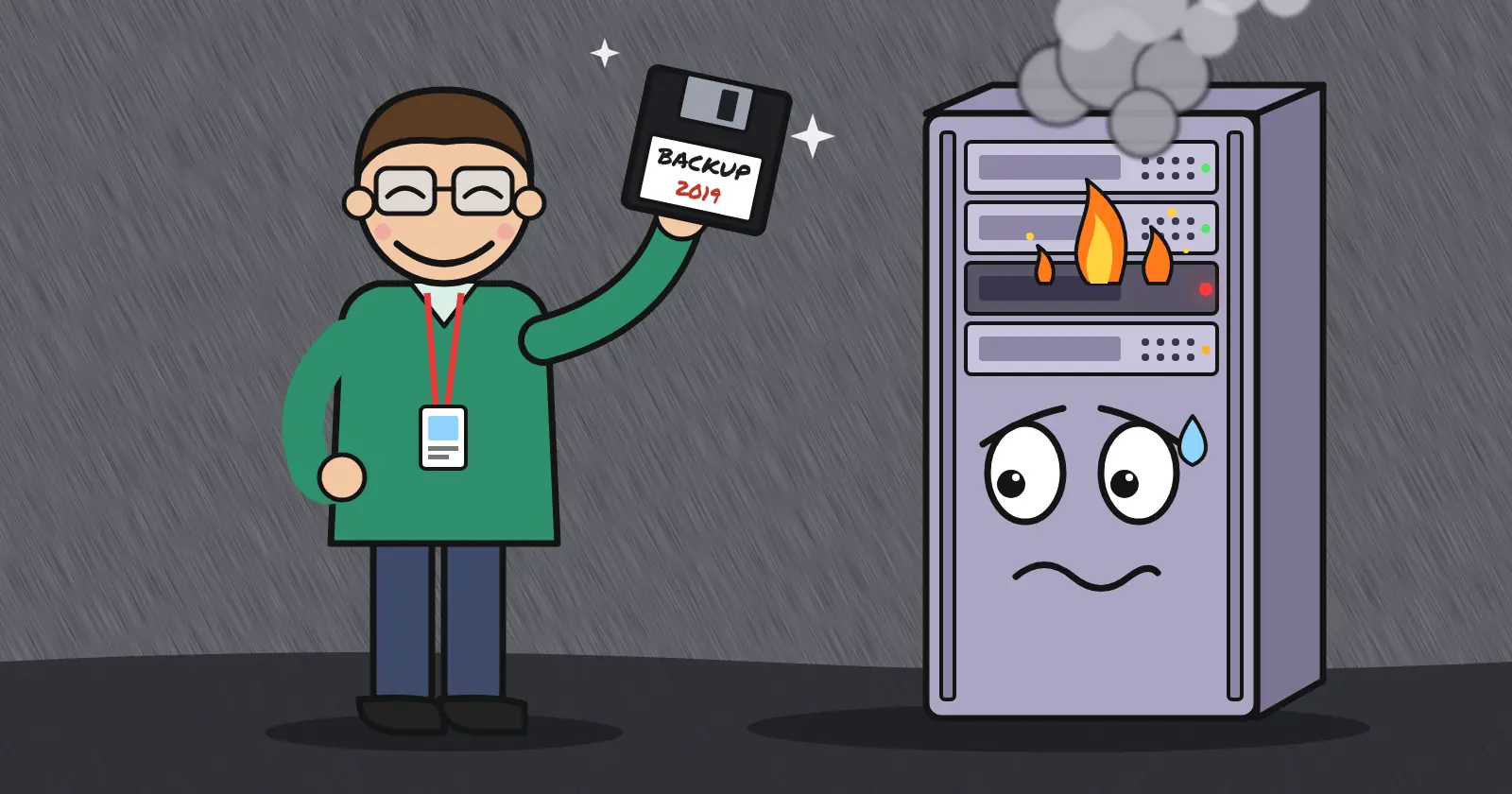 A cartoon sysadmin proudly holds a single floppy disk labeled BACKUP 2019 in front of a smoking server rack